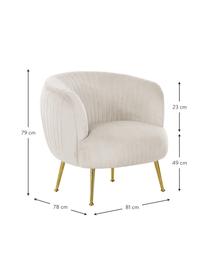 Fluwelen fauteuil Cara in beige, Bekleding: fluweel (polyester), Frame: massief berkenhout, spaan, Poten: gecoat metaal, Fluweel beige, B 81 x H 78 cm