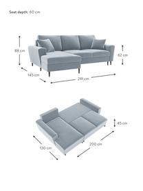 Canapé d'angle 3 places en velours avec fonction lit et rangement Moghan, Velours bleu ciel, noir, larg. 241 x prof. 145 cm, méridienne à gauche