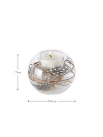 Glas-Teelichthalter Fedora mit Zweigen und Federn, Dekor: Echte Zweige und Hühnerfe, Transparent, Brauntöne, Ø 8 x H 7 cm