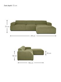 Canapé d'angle 4 places en velours côtelé Melva, Velours côtelé vert, larg. 319 x prof. 196 cm, méridienne à droite