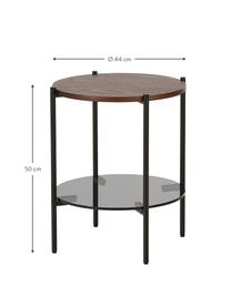 Beistelltisch Valentina mit Glasplatte, Tischplatte: Glas, Ablagefläche: Mitteldichte Holzfaserpla, Gestell: Metall, pulverbeschichtet, Eschenholz, Ø 44 x H 50 cm