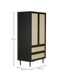Kleiner Kleiderschrank Aries mit Wiener Geflecht, 2-türig, Gestell: Spanplatte mit Eichenholz, Beine: Massives Eichenholz, Wiener Geflecht: Zuckerrohr, Holz, schwarz lackiert, B 100 x H 194 cm