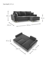 Divano letto angolare 3 posti in velluto con contenitore Moghan, Rivestimento: 100% velluto di poliester, Struttura: legno di pino massiccio, , Piedini: metallo rivestito, Velluto grigio, ottonato, Larg. 241 x Prof. 145 cm, chaise-longue a destra