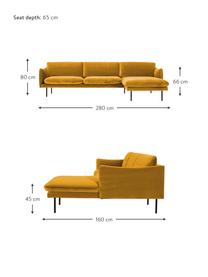 Canapé d'angle en velours et pieds en métal Moby, Velours jaune moutarde, larg. 280 x prof. 160 cm, méridienne à droite