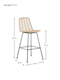 Krzesło barowe z polirattanu z metalowymi nogami Costa, Stelaż: metal malowany proszkowo, Drewno naturalne, S 56 x W 98 cm
