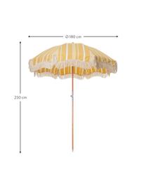 Gestreepte Parasol Retro met franjes in geel-wit, knikbaar, Frame: gelamineerd hout, Franjes: katoen, Geel, gebroken wit, Ø 180 x H 230 cm