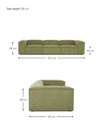 Sofa modułowa ze sztruksu Lennon (4-osobowa), Tapicerka: sztruks (92% poliester, 8, Stelaż: lite drewno sosnowe z cer, Nogi: tworzywo sztuczne Materia, Zielony sztruks, S 327 x G 119 cm