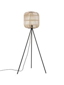 Driepoot vloerlamp Bordesley in boho stijl, Lampenkap: bamboe, hout, Lampvoet: staal, Zwart, hout, Ø 35 x H 139 cm