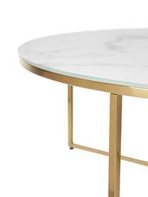 Mesa de centro grande Antigua, tablero de vidrio en aspecto mármol, Tablero: vidrio estampado con aspe, Estructura: metal, latón, Aspecto mármol blanco, dorado, Ø 100 cm