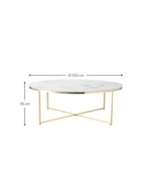 Mesa de centro grande Antigua, tablero de vidrio en aspecto mármol, Tablero: vidrio estampado con aspe, Estructura: metal, latón, Aspecto mármol blanco, dorado, Ø 100 cm