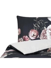 Biancheria da letto in raso di cotone Blossom, Nero con motivo floreale, 155 x 200 cm + 1 federa 50 x 80 cm