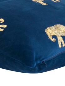 Geborduurde fluwelen kussenhoes Elefco in blauw/goudkleur, 100% polyester fluweel, Donkerblauw, goudkleurig, B 40 x L 40 cm