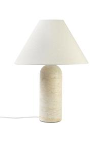 Grote tafellamp Gia met marmeren voet in travertijn look, Lampenkap: 80% katoen, 20% linnen, Lampvoet: marmer, Beige, wit, Ø 46 x H 60 cm