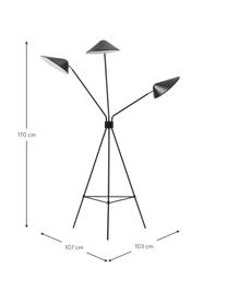 Grote tripod vloerlamp Neron met goudkleurige decoratie, Lampenkap: gepoedercoat metaal, Decoratie: vermessingd metaal, Zwart, B 103 x H 170 cm
