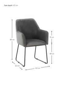 Krzesło z podłokietnikami z aksamitu Isla, Tapicerka: poliester Dzięki tkaninie, Nogi: metal malowany proszkowo, Kamienny szary aksamit, czarny, S 58 x G 62 cm