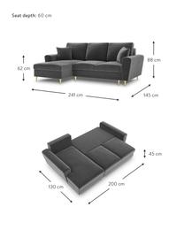 Canapé d'angle 3 places en velours avec fonction lit et rangement Moghan, Velours gris, couleur laitonnée, larg. 241 x prof. 145 cm, méridienne à droite