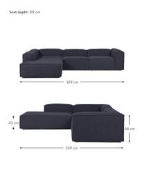 Divano angolare componibile XL Lennon, Rivestimento: 100% poliestere Con 115.0, Struttura: legno di pino massiccio, , Piedini: plastica, Tessuto blu scuro, Larg. 329 x Alt. 68 cm, chaise-longue a sinistra