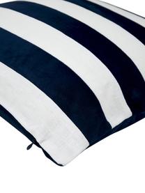Funda de cojín de mezcla de terciopelo y lino a rayas Maui, Parte delantera: 100% lino, Azul oscuro, blanco, An 45 x L 45 cm
