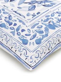 Parure copripiumino reversibile in raso di cotone con motivo foglie Andrea, Blu, 240 x 220 cm + 2 cuscino 80 x 80 cm