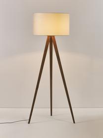 Stojací stativová lampa z masivního dřeva se sametovým stínidlem Jake, skandi styl, Krémová, hnědá, Ø 60 cm, V 150 cm