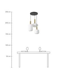 Cluster hanglamp Candela van opaalglas, Baldakijn: gepoedercoat metaal, Decoratie: vermessingd metaal, Wit, messingkleurig, B 49 x D 45 cm