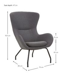Zamatové krídlové kreslo s kovovými nohami Wing, Antracitová, Š 75 x H 85 cm