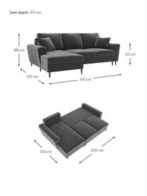 Canapé d'angle 3 places en velours avec fonction lit et rangement Moghan, Velours gris, noir, larg. 241 x prof. 145 cm, méridienne à gauche