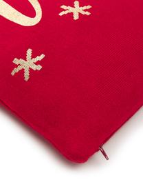 Strick-Kissenhülle Merry mit Schriftzug, Baumwolle, Rot, Goldfarben, B 40 x L 40 cm
