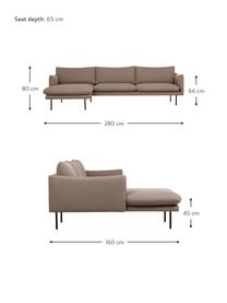 Canapé d'angle avec pieds en métal Moby, Tissu taupe, larg. 280 x prof. 160 cm, méridienne à gauche