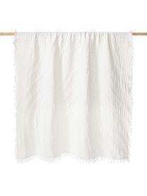 Strukturierte Baumwoll-Decke Wavery mit Fransen, 100 % Baumwolle, Cremeweiß, B 130 x L 170 cm
