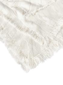 Strukturierte Baumwoll-Decke Wavery mit Fransen, 100 % Baumwolle, Cremeweiß, B 130 x L 170 cm