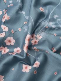 Copripiumino in raso di cotone con stampa floreale Sakura, Blu, rosa, Larg. 260 x Lung. 240 cm