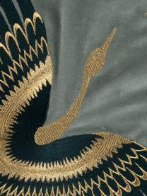 Geborduurde fluwelen kussenhoes Onyx met franjes, Franjes: polyester, Saliegroen, petrolkleurig, goudkleurig, B 40 x L 40 cm