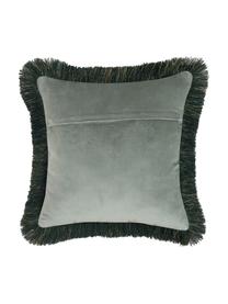 Federa arredo in velluto ricamato con frange Onyx, Frange: poliestere, Grigio verde, petrolio, dorato, Larg. 40 x Lung. 40 cm