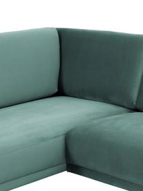 Sofa narożna z aksamitu z metalowymi nogami Fluente, Tapicerka: 100% poliester Dzięki tka, Stelaż: lite drewno sosnowe z cer, Nogi: metal malowany proszkowo, Jasnozielony aksamit, S 221 x G 200 cm, lewostronna