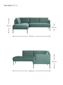 Sofa narożna z aksamitu z metalowymi nogami Fluente, Tapicerka: 100% poliester Dzięki tka, Stelaż: lite drewno sosnowe z cer, Nogi: metal malowany proszkowo, Jasnozielony aksamit, S 221 x G 200 cm, lewostronna