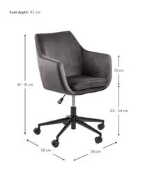Fluwelen bureaustoel Nora, in hoogte verstelbaar, Bekleding: polyester (fluweel), Frame: gepoedercoat metaal, Fluweel donkergrijs, B 58 x D 58 cm