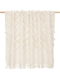 Manta de algodón con borlas y pompones Pana, estilo boho, 100% algodón, Blanco crema, An 130 x L 170 cm