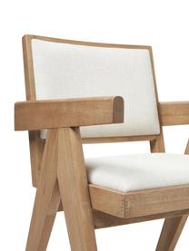 Krzesło tapicerowane z drewna z podłokietnikami Sissi, Tapicerka: 100% poliester Dzięki tka, Stelaż: lite drewno dębowe, Kremowobiała tkanina, jasne drewno dębowe, S 58 x G 52 cm