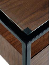 Nachttisch Helix mit Schublade, Gestell: Metall, pulverbeschichtet, Sockel und Tischplatte: Glas, Schwarz, Akazienholz, B 45 x H 54 cm