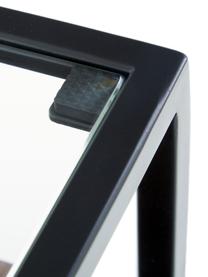 Tavolino con cassetto Helix, Struttura: metallo verniciato a polv, Base e piano d'appoggio: vetro, Trasparente, nero, legno d'acacia, Larg. 45 x Alt. 54 cm