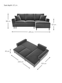 Canapé d'angle 4 places velours avec fonction lit et rangement Moghan, Gris, pieds noir, larg. 241 x prof. 145 cm, méridienne à droite