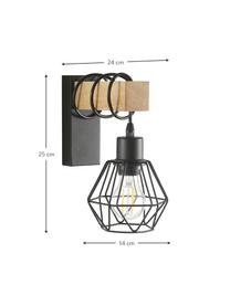 Wandlamp Townshend, Lampenkap: gecoat metaal, Frame: hout, Zwart, helder hout, D 24 x H 25 cm