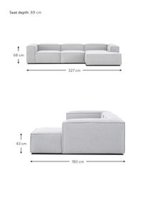 Divano angolare componibile Lennon, Rivestimento: 100% poliestere Con 115.0, Struttura: legno di pino massiccio, , Piedini: plastica, Tessuto grigio chiaro, Larg. 327 x Prof. 180 cm, chaise-longue a destra