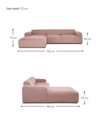 Sofa narożna ze sztruksu Melva (4-osobowa), Tapicerka: sztruks (92% poliester, 8, Stelaż: lite drewno sosnowe z cer, Nogi: tworzywo sztuczne, Bladoróżowy sztruks, S 319 x G 196 cm, lewostronna