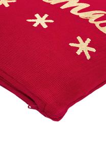 Gebreide kussenhoes Christmas in rood/goudkleur met opschrift, Katoen, Rood, B 40 x L 40 cm