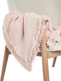 Koc z bawełny z frędzlami Wavery, 100% bawełna, Jasny różowy, S 130 x D 170 cm