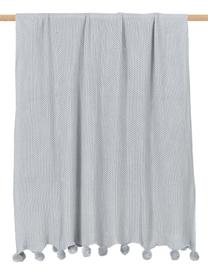 Strickdecke Molly mit Pompoms in Grau, 100% Baumwolle, Grau, 130 x 170 cm