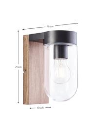 Aplique de exterior en look madera Cabar, Pantalla: vidrio, Anclaje: metal con aspecto de made, Estructura: metal recubierto, Marrón, negro, transparente, An 10 x Al 21 cm