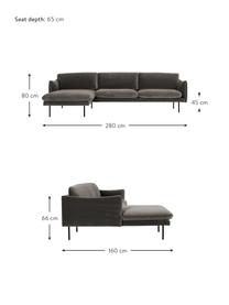 Divano angolare in velluto con piedini in metallo Moby, Rivestimento: velluto (rivestimento in , Struttura: legno di pino massiccio, , Piedini: metallo verniciato a polv, Velluto grigio marrone, Larg. 280 x Prof. 160 cm, chaise longue a sinistra